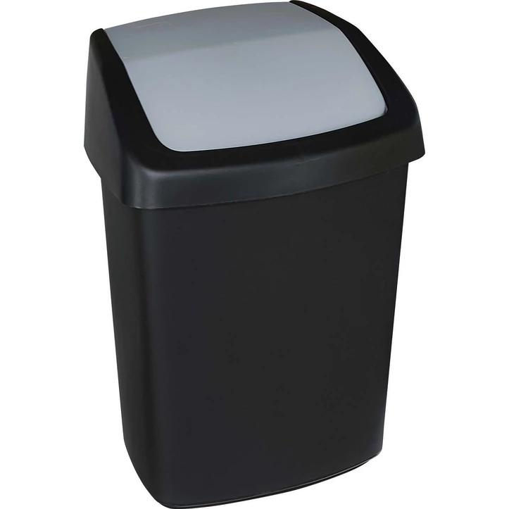 Fekete CURVER „SWING TOP” billenő fedeles szemetes, 25 literes űrtartalommal. Minimalista designja és levehető teteje praktikus megoldást nyújt konyhai vagy irodai használatra.