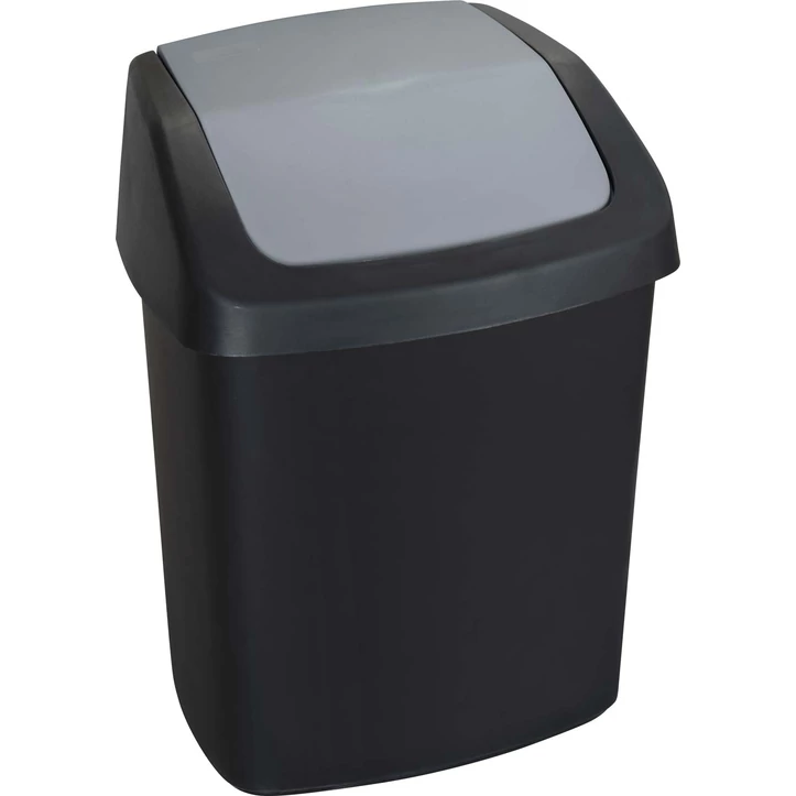 Fekete CURVER 'SWING TOP' billenő fedeles szemetes, 15L űrtartalommal, minimalista designnal. A levehető fedél egyszerűsíti a szemeteszsák cseréjét, ideális konyhába vagy fürdőszobába.