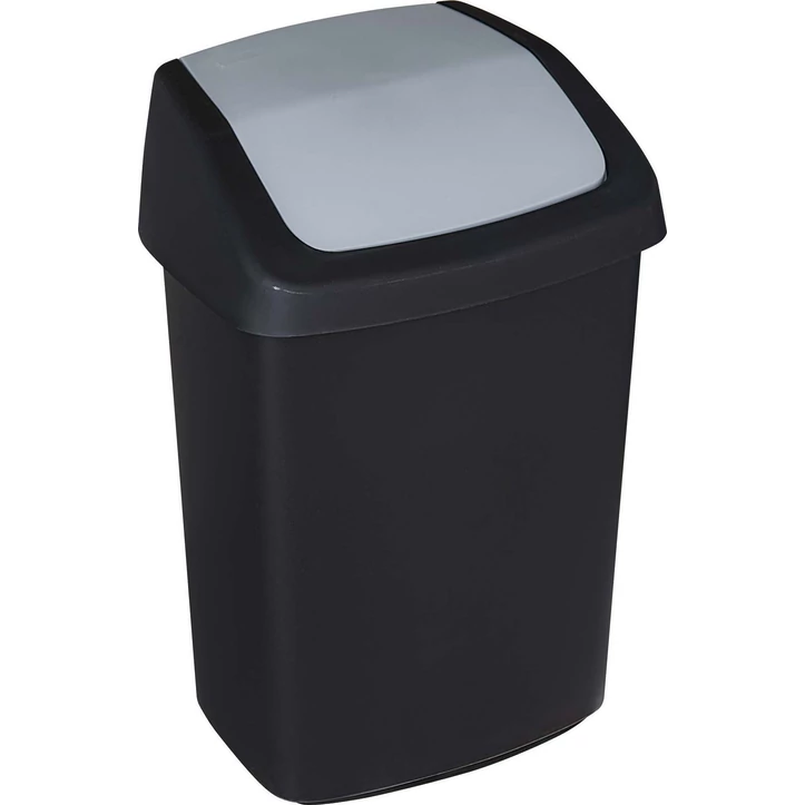 Fekete CURVER 'SWING TOP' billenő fedeles szemetes, 10 literes űrtartalommal, minimalista designnal és levehető fedéllel, konyhában vagy fürdőszobában való használatra, fehér háttéren fotózva.