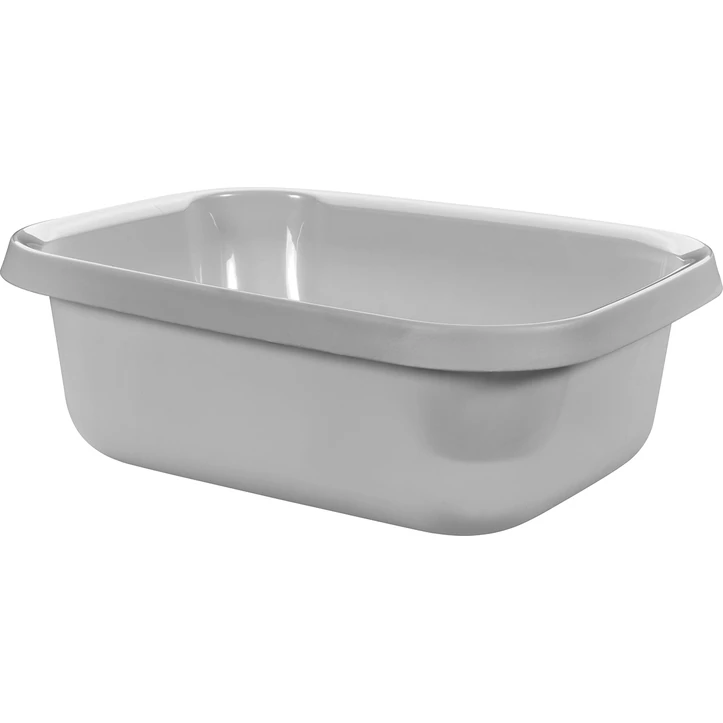 Szögletes, fehér műanyag tál, 9 literes űrtartalommal, konyhai, fürdőszobai vagy kerti használatra, praktikus és ergonomikus formával. A termék szolid, letisztult megjelenésű, ideális tároláshoz.