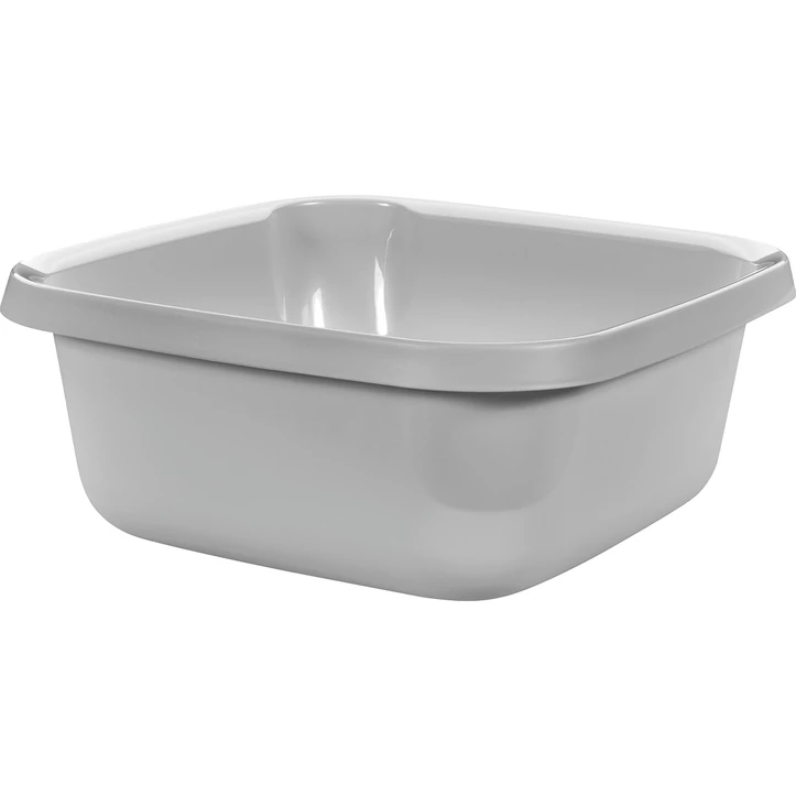 Szürke, szögletes műanyag tál, 12 literes űrtartalommal, 36 cm hosszú és széles, 15 cm magas. Praktikus konyhai, fürdőszobai vagy kerti használatra, fehér háttéren fotózva.