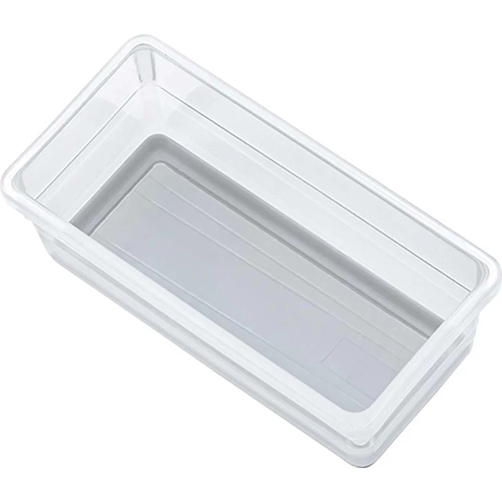 Átlátszó műanyag csúszásgátló rendszerező doboz, 15 cm hosszú, 7,5 cm széles és 5 cm magas, ideális konyhai vagy fürdőszobai fiókok rendezésére. A csúszásgátló alja biztosítja a stabilitást.