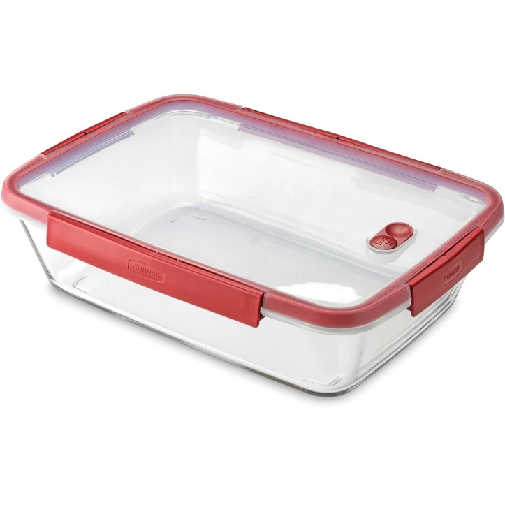 CURVER 'SMART COOK' sütőbe helyezhető tégla ételtartó, 2,3L boroszilikát üvegből, piros műanyag fedéllel, légmentes záródással és könnyű nyitással, ideális sütőben és mikrohullámú sütőben való használatra.