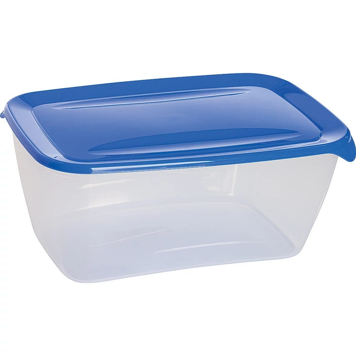 Szögletes, átlátszó műanyag ételtartó kék fedéllel, 5 liter űrtartalommal. Kiváló minőségű, mikróban melegíthető és mosogatógépben tisztítható, praktikus tárolást biztosít a hűtőszekrényben.