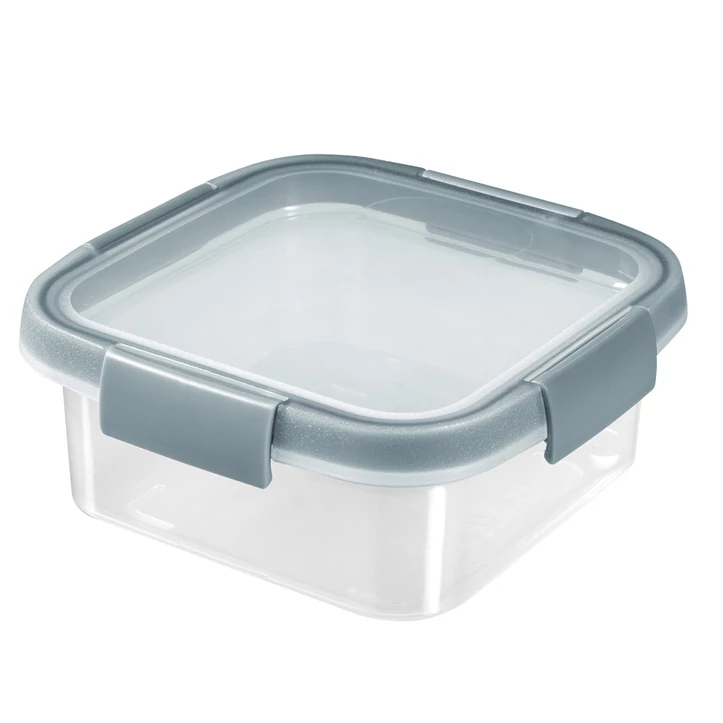 Szürke, négyszögletes, 0,9L űrtartalmú ételtartó átlátszó műanyagból, zárható fedéllel. Ideális maradékok, szendvicsek és zöldségek tárolására a hűtőszekrényben vagy fagyasztóban.