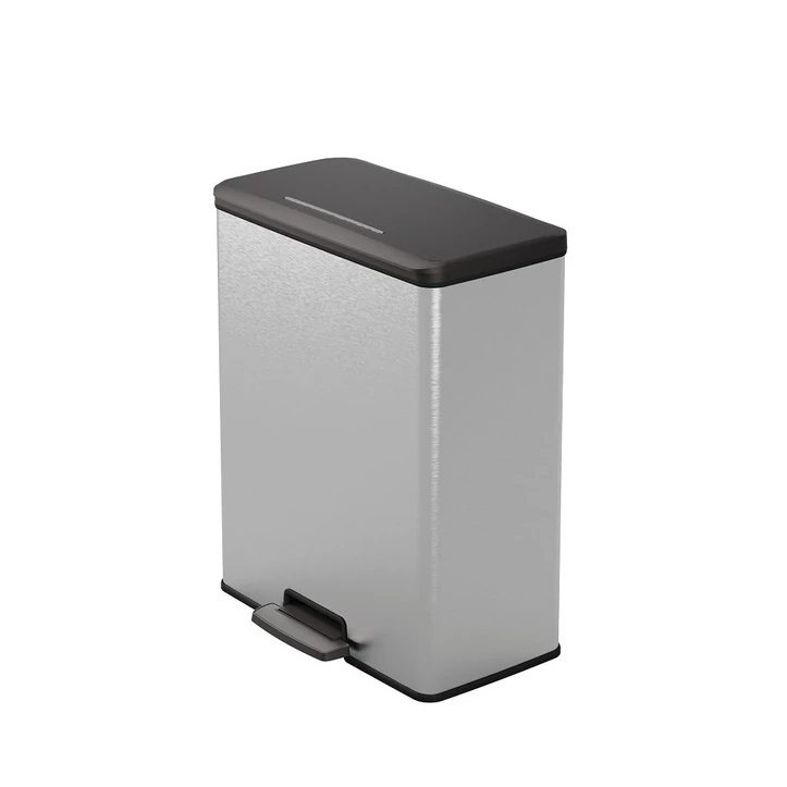 Fémhatású, 65L-es pedálos szemetes, modern kialakítású, rozsdamentes és ujjlenyomatmentes felülettel, könnyen nyitható pedállal és halk záródással. Ideális mindennapos használatra otthon vagy irodában. Fehér háttéren fotózva.