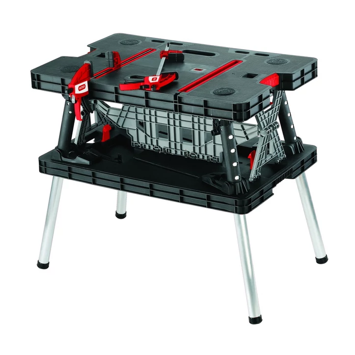 Összecsukható KETER 'WORK TABLE' munkaasztal fekete és ezüst színben, stabil fém lábakkal, praktikus munkafelülettel és gyorsan használatba vehető mechanizmussal. Ideális profi és hobbi-barkácsolók számára.