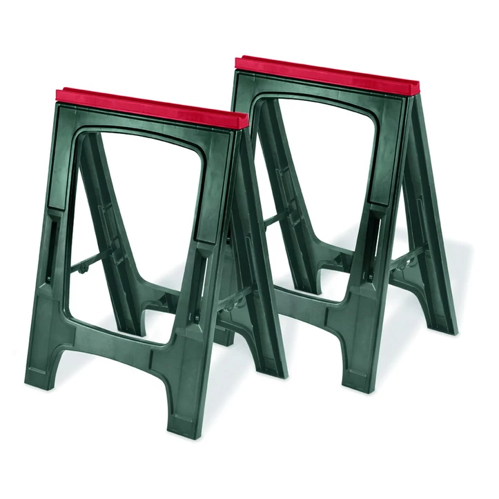 Összecsukható KETER fűrészbak szett, két darab, zöld színben, piros felső résszel. Beépített V-horony jellemzi, stabilitását gumi talpa biztosítja. Ideális barkácsoláshoz és fűrészeléshez.