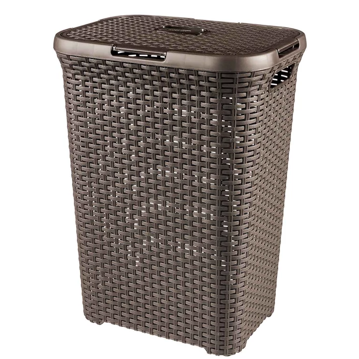 Sötétbarna, rattan hatású CURVER „STYLE” szennyestartó, 60 literes kapacitással, nagy, könnyen hozzáférhető fedővel. Ideális tárolásra, jól szellőzik és tisztántartása egyszerű. Szép, tartós anyagból készült.