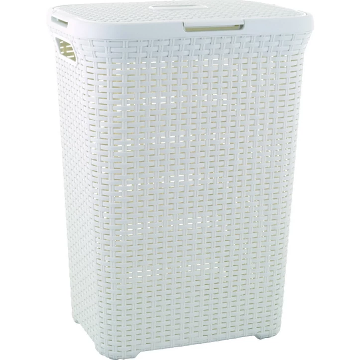 Fehér, rattan hatású CURVER 'STYLE' szennyestartó, 60 liter kapacitással, könnyen hozzáférhető fedővel. A kosár modern dizájnja ideális a ruhanemű rendben tartásához, jól szellőzik és könnyen tisztítható.