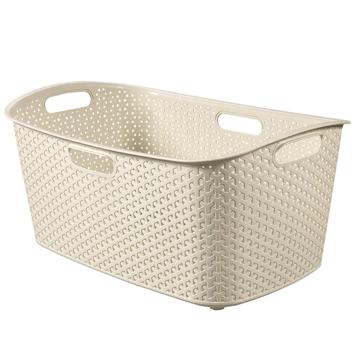 Krémszínű CURVER 'MY STYLE' rattan hatású ruháskosár, 47 literes kapacitással, modern fonott mintázattal. Két oldalán kényelmes fogantyúkkal, könnyű, strapabíró anyagból készült, könnyen tisztítható.