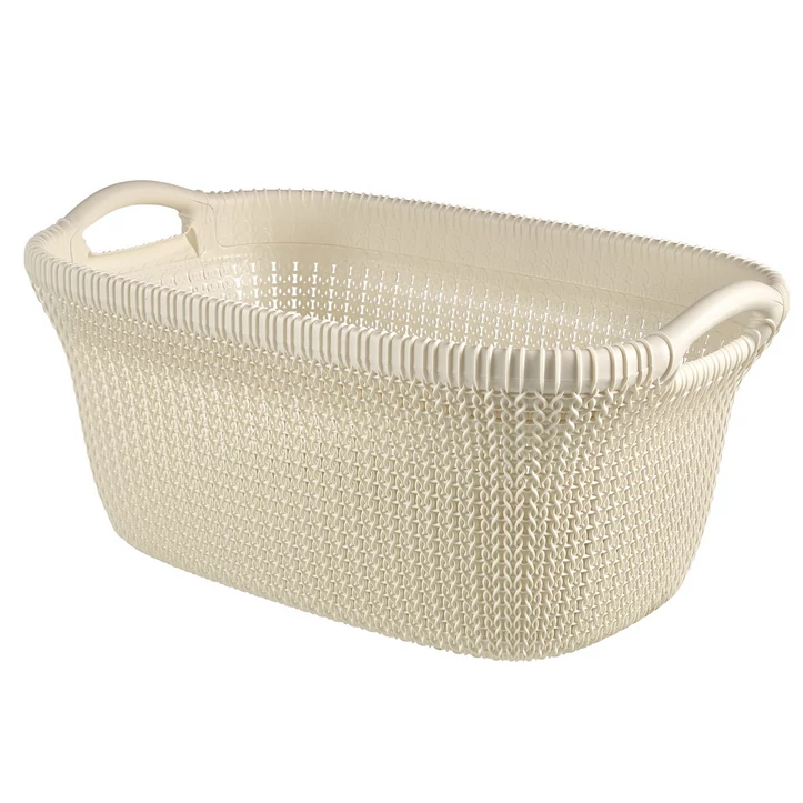 Törtfehér, műanyag CURVER 'Knit' ruháskosár 40 liter űrtartalommal, kényelmes fogantyúkkal és megerősített peremmel. Tökéletes fürdőszobai vagy hálószobai használatra, stílusos és funkcionális tárolási megoldás.