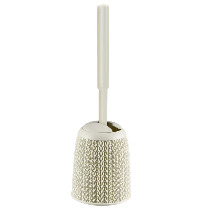 Törtfehér CURVER 'KNIT' WC kefe, modern dizájnnal, szőtt mintázattal. Praktikus, kis méretű, amely a legszűkebb helyeken is elfér, könnyen tisztítható műanyagból készült. Kényelmes fogójával egyszerűen használható.