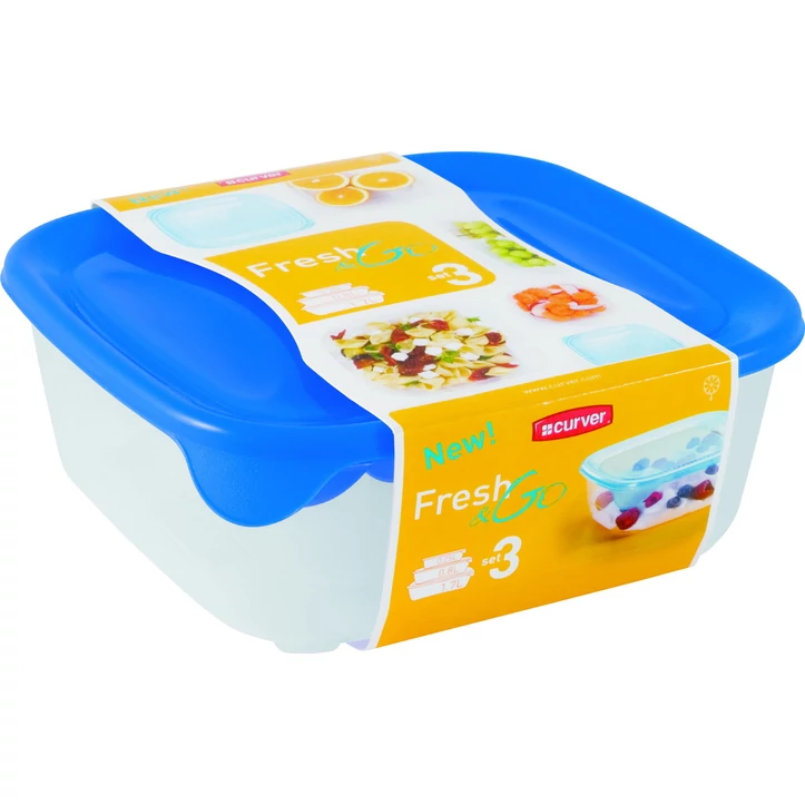 Átlátszó és kék színű CURVER 'Fresh&Go' szögletes ételtartó szett, amely három különböző méretű tartályt tartalmaz (0,25L, 0,8L, 1,7L). A termék funkcionális, mikrohullámú sütőben használható, és helytakarékosan egymásra