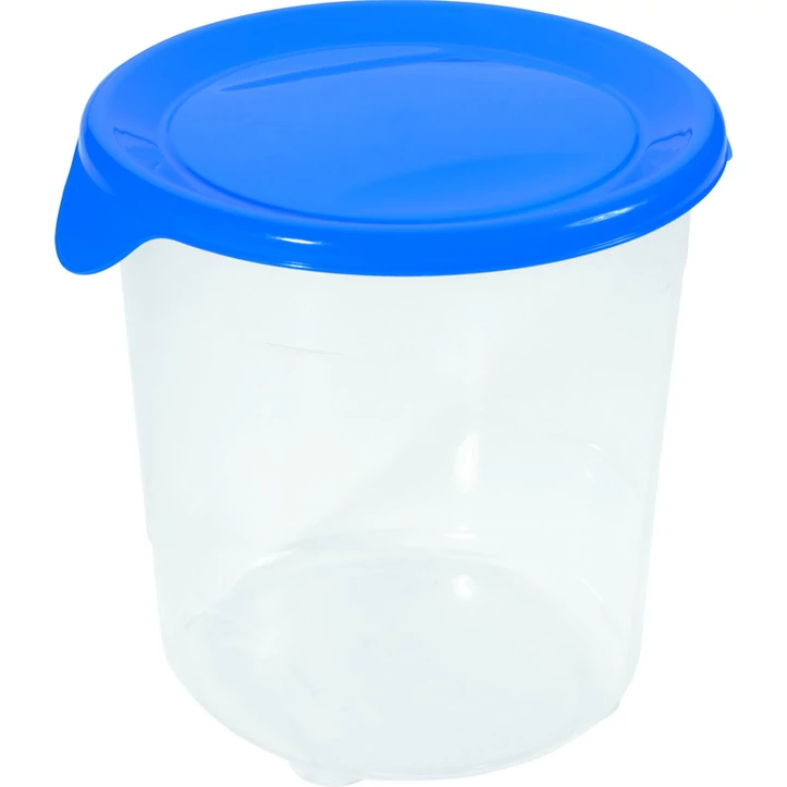 Átlátszó, kék fedelű CURVER 'Fresh&Go' kerek ételtartó, 1 liter űrtartalommal. Praktikus tárolás a hűtőszekrényben, mikrohullámú sütőben melegíthető és mosogatógépben tisztítható, helytakarékos kialakítással.