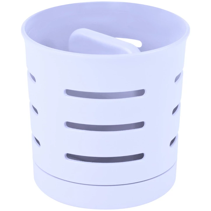 Fehér, műanyag evőeszközszárító, két rekesszel, szellőzőnyílásokkal a gyorsabb szárításhoz. Praktikus megoldás konyhákba, elegáns formával és kompakt méretekkel (12 cm x 12 cm x 12 cm).