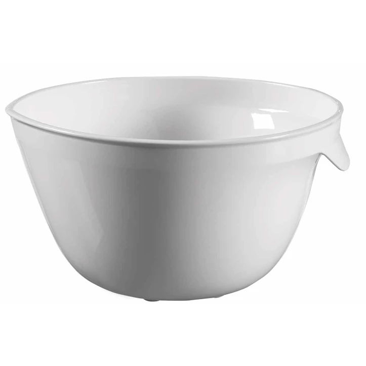 Szürke CURVER 'ESSENTIALS' keverőtál, 2,5 literes kapacitással, könnyű műanyagból készült, kézreálló fogantyúval és kiöntő peremmel. Tiszta, minimalista design, fehér háttéren fotózva.