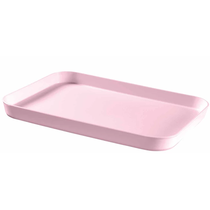 Rózsaszín, műanyag tálca, sík, téglalap alakú kialakítással, mellyel könnyedén szervírozhatók az ételek. Kis súlyának köszönhetően egyszerűen mozgatható, tisztítása mosogatógépben is lehetséges. Fehér háttéren fotózva.