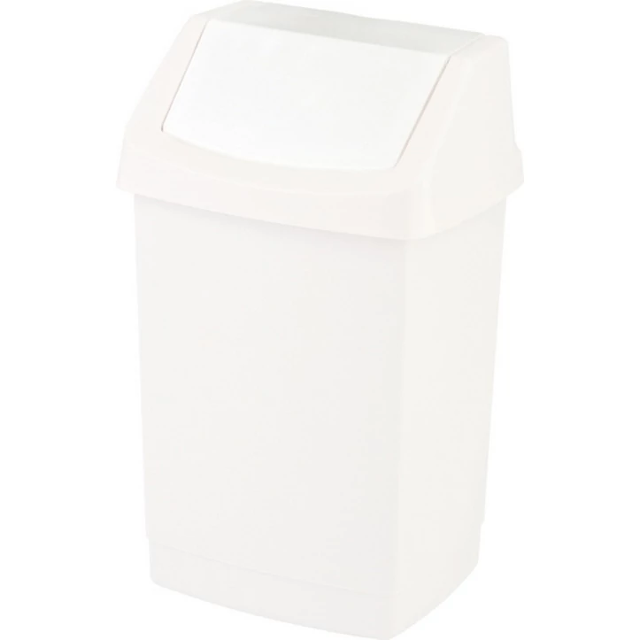 Fehér, műanyagból készült CURVER 'CLICK-IT' billenő fedeles szemetes, 15L űrtartalommal, 28 cm hosszú és 23,5 cm széles. Univerzális formájával ideális választás bármely belső térhez, könnyen tisztán tartható.
