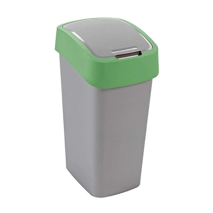Ezüst és zöld színű CURVER „PACIFIC FLIP BIN” billenő fedeles szemetes, 45 literes űrtartalommal, tartós műanyagból készült, szoros záródású fedéllel a kellemetlen szagok megakadályozására.
