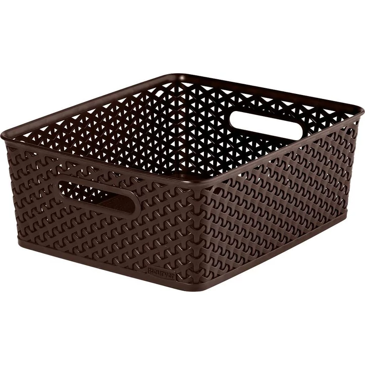 Sötétbarna, rattan hatású CURVER 'My Style' tárolókosár, 13 literes űrtartalommal. Multifunkcionális, kézreálló fogantyúkkal, ideális fürdőszobai, hálószobai vagy nappali tárolásra.