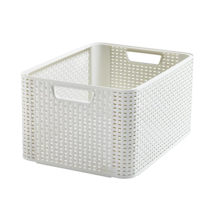 Krémszínű, L méretű CURVER 'STYLE' rattan kosár, modern, tárolásra alkalmas, rattan szövést imitáló textúrával, kézreálló fogantyúkkal, 30 literes űrtartalommal, fehér háttéren fotózva.