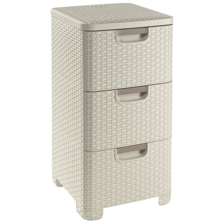 Krémszínű CURVER 'STYLE' RATTAN 3 fiókos szekrény, elegáns rattan hatású textúrával. Három 14L űrtartalmú fiókokkal, könnyen kihúzható fogantyúkkal, stabil lábakkal. Ideális magazinok vagy fürdőszobai kiegészítők tárolására.