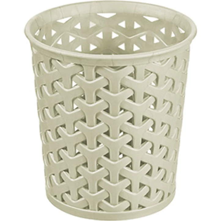 Krém színű Curver My Style L méretű rattan hatású kerek tároló kosár, mintás kivitelben, könnyű és könnyen tisztítható anyagból készült, tökéletes konyhai, fürdőszobai vagy irodai használatra.
