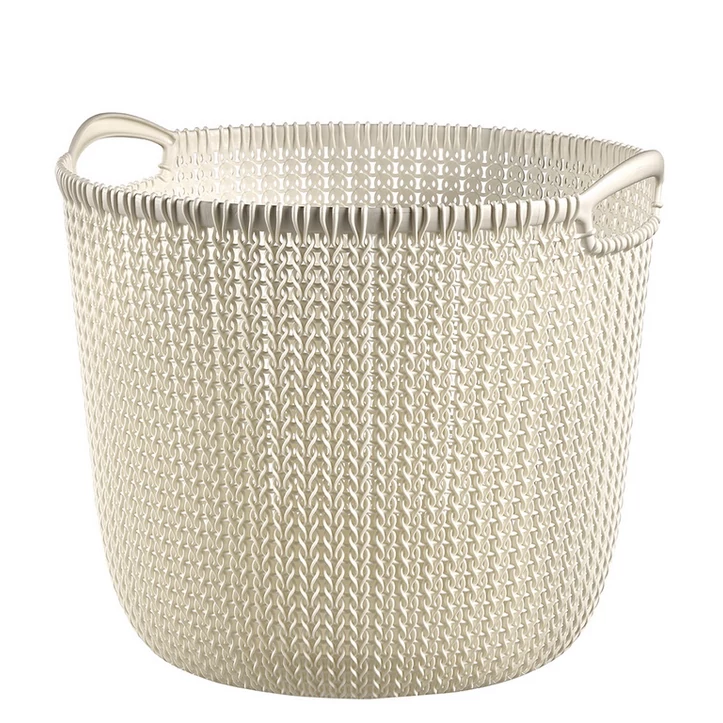 Törtfehér, 30L-es CURVER 'Knit' kerek kosár, ralettás oldalfalakkal és sima belső felülettel. Ideális otthon vagy irodában történő használatra, stílusos megjelenéssel.