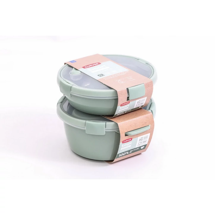 Két darabos CURVER 'ECO SMART DUO 5' ételtartó szett, világoszöld színben, műanyagból készült, fedéllel ellátva, fehér háttéren fotózva, újrahasznosított anyag felhasználásával.