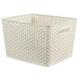 Rattan hatású, krém színű CURVER 'MY STYLE' L méretű tároló kosár, 35,5 cm hosszú, 29,6 cm széles és 22 cm magas. Multifunkcionális, kézreálló fogantyúkkal, ideális fürdőszobába, hálószobába vagy nappaliba.