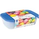 Kék tetővel ellátott, átlátszó műanyag ételtartó szett, mely három különböző méretű dobozt (0,5L, 1L, 2L) tartalmaz. A csomagoláson friss élelmiszerek láthatók, ideális hűtőszekrényben való tárolásra.
