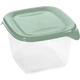 Átlátszó műanyag ételtároló doboz zöld színű fedéllel és oldalsó füllel. Hasznos konyhai kiegészítő ételek frissen tartásához, szállításához vagy fagyasztásához.