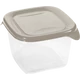 Átlátszó műanyag ételtároló doboz bézs fedéllel és praktikus füllel. Könnyen zárható, ideális ételek frissen tartására, tárolására vagy szállítására a mindennapokban.