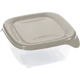 Átlátszó műanyag ételtároló doboz bézs fedéllel és kényelmes füllel. Praktikus megoldás ételek frissen tartására, szállítására vagy fagyasztására otthoni használatra.