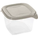 Átlátszó műanyag ételtároló doboz 1,2 liter űrtartalommal, bézs fedéllel és oldalsó füllel. Ideális friss ételek higiénikus tárolásához, szállításához vagy hűtőszekrényben való elhelyezéséhez.