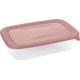 Átlátszó műanyag ételtároló doboz rózsaszín fedéllel. Ideális ételek frissen tartásához, hűtőben vagy útközben való tároláshoz. Praktikus, légmentesen záródó kialakítás.