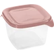 Átlátszó műanyag ételtároló doboz 1,2 liter űrtartalommal, rózsaszín fedéllel és oldalsó füllel. Praktikus megoldás friss ételek tárolásához, hűtéséhez vagy szállításához.