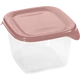 Átlátszó műanyag ételtároló doboz rózsaszín fedéllel és praktikus oldalsó füllel. Ideális friss ételek higiénikus tárolására, hűtésére vagy szállítására a mindennapi használat során.