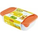 CURVER 'FRESH&GO' szögletes ételtartó doboz, 0,5L és 1L, valamint 2L kapacitással, fehér alapszínű, narancssárga fedéllel, élelmiszerek tárolására alkalmas, strapabíró műanyagból készült, címkével ellátva.