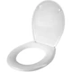 Fehér Curver komfort WC ülőke, nyitott állapotban, sima felületű, 44,5 cm hosszú és 39,5 cm széles, modern fürdőszobai környezethez ideális.