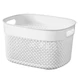 Fehér színű CURVER 'FILO RECYCLED' kosár, 6 literes űrtartalommal. Varrt és horgolt mintázattal készült, praktikus fogantyúkkal ellátva. Ideális tárolási megoldás kozmetikumoknak vagy konyhai eszközöknek.