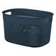 Sötétkék CURVER 'FILO RECYCLED' kosár, 18 literes űrtartalommal. Horgolt mintázattal, praktikus fogantyúkkal és modern dizájnnal, ideális tárolásra kozmetikumoknak vagy konyhai eszközöknek. Fehér háttéren fotózva.