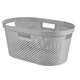 Szürke, 40 liter űrtartalmú műanyag ruháskosár, ovális formájú, perforált kialakítással és ergonomikus fogantyúkkal, modern skandináv designnal, ideális fürdőszobákba vagy hálószobákba. Fehér háttéren fotózva.