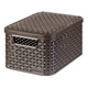 Sötétbarna, rattan hatású CURVER 'STYLE' S méretű tároló kosár fedéllel, 7L Űrtartalommal. Praktikus, könnyen szállítható, ideális nappaliba, konyhába vagy fürdőszobába, porvédő tetővel és rekesztervezéssel.