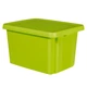 Zöld, műanyag tárolódoboz fedővel, 45 liter űrtartalommal, sima, dombornyomott tetejű kialakítással. Praktikus otthoni tárolásra, egymásra helyezhető és forgatható, helytakarékos megoldás. Fehér háttéren fotózva.