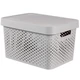 Világosszürke CURVER 'INFINITY' kosár tetővel, 17 literes űrtartalommal, moduláris és multifunkcionális tárolási megoldás, lyukacsos mintázattal és kényelmes fogantyúkkal, könnyű szállítást biztosítva.
