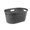 Kép 1/7 - Szürke, perforált designú CURVER 'INFINITY' ruháskosár, 40L kapacitással. Modern, skandináv stílusú, újrahasznosított műanyagból készült, mindennapi használatra ideális fürdőszobákban vagy hálószobákban. Fehér háttéren fotózva.