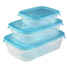 Kép 2/4 - Három átlátszó, kék fedelű CURVER 'Fresh&amp;Go' szögletes ételtartó szett, 0,5L, 1L és 2L űrtartalommal. Használható hűtőszekrényben, mikrohullámú sütőben és mosogatógépben is. Egymásra helyezhető, helytakarékos tárolást