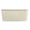 Kép 2/6 - Krémszínű CURVER 'MY STYLE' S méretű rattan hatású kosár, 25,5 cm hosszú, 19,6 cm széles és 10,3 cm magas. Ideális tárolási megoldás fürdőszobába vagy nappaliba, kényelmes fogantyúkkal. Fehér háttér előtt fotózva.